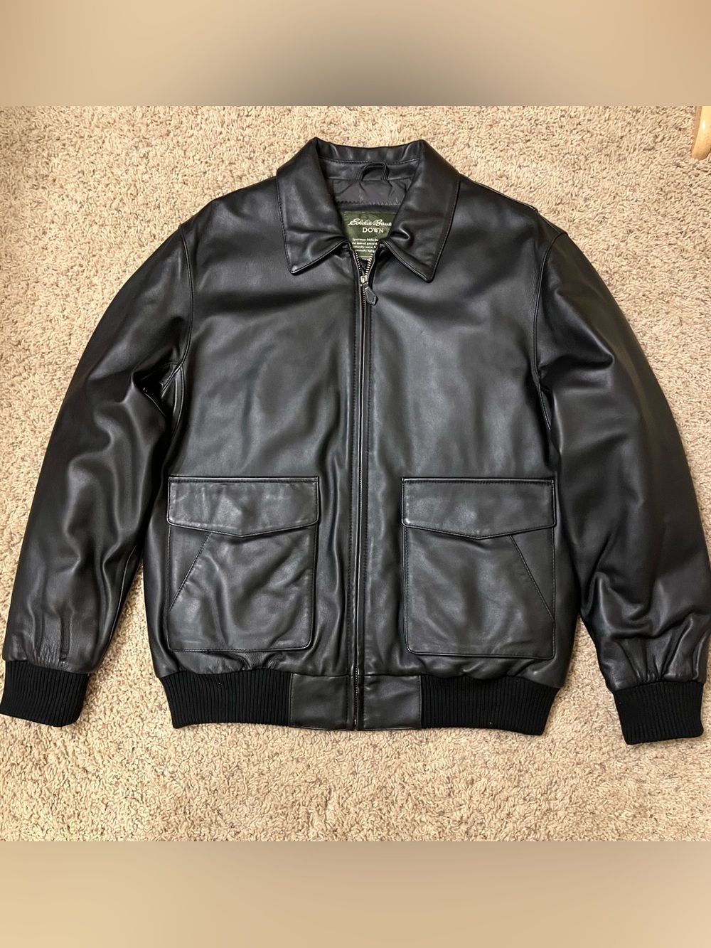 Eddie Bauer Leather Jacket GOOSE DOWN Quilted BLACK Lambskin - Sz L Very nice!